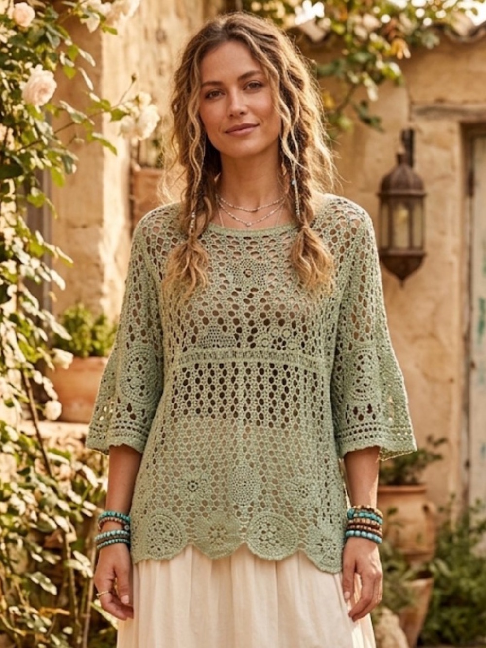 Women’s Ana & Rose Green Crochet Sleeved Top Size XL